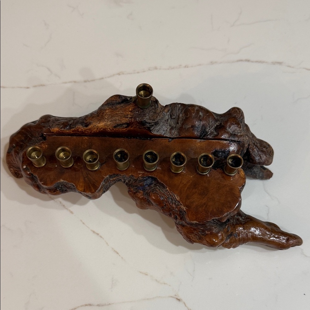 Vintage Burl Wood Menorah with Brass Candle Holders